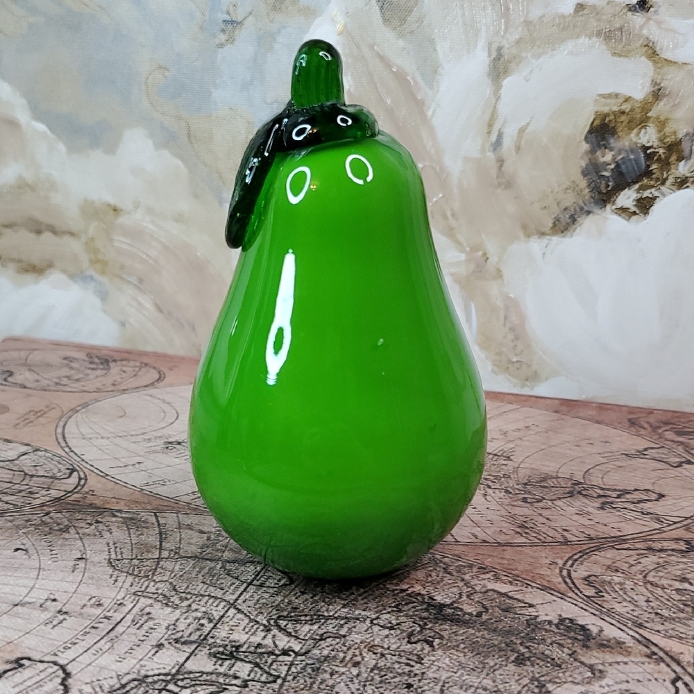 Green Glass Pear Figurine Fruit Bowl Filler Glass Sculpture